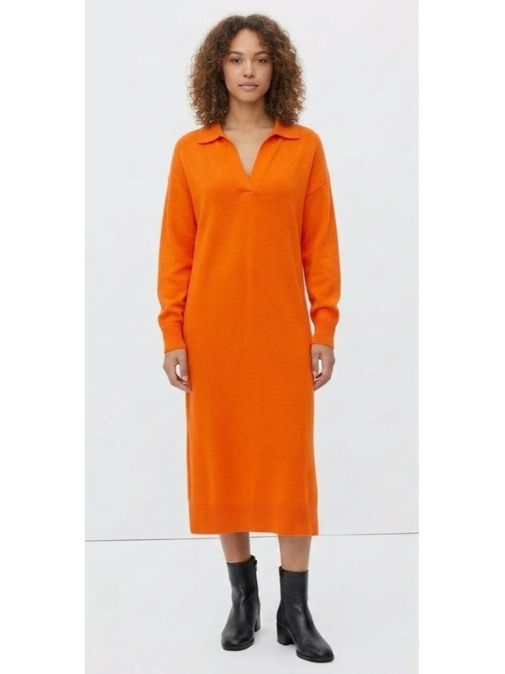 NWT Everlane The Cashmere Polo Dress in Persimmon V-neck Relaxed Sweater Knit L